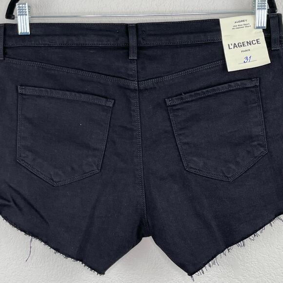 L’Agence Audrey Black Mid Rise Raw Hem Denim Jean Cutoff Shorts Size 31 NWT - Picture 12 of 15